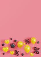 Black percentage symbols and yellow balloons on a soft pink backdrop, perfect for festive promotions, special events, and sales marketing materials. Vertical background with empty space for text. 3D. photo