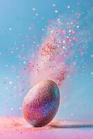 AI generated Enchanting Easter background with egg, glitter and copy space for text. Vibrant colors. Motion, particles explosion. Perfect for holiday-themed designs, greeting cards. Generative AI. photo