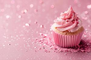 AI generated Pink background with elegant glittering cupcake, copy space. Women's Day. It's a girl backdrop with empty space. Baby shower or birthday invitation, party. Baby girl birth announcement. photo