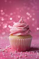 AI generated Pink vertical background with glittering cupcake, copy space. Womens Day. It's a girl backdrop with empty space. Baby shower or birthday invitation, party. Baby girl birth announcement. photo