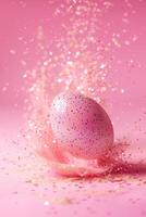 AI generated Enchanting Easter background with egg, glitter and copy space for text. Soft pastel colors. Motion, particles explosion. Perfect for holiday-themed designs, greeting cards. Generative AI. photo