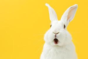 AI generated Surprised bunny against a vivid yellow background, perfect for Easter promotions, pet care advertising, or vibrant spring-themed graphics. Copy space for text. Easter sale, discount. photo