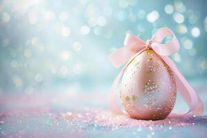 ai generado un encantador Pascua de Resurrección huevo envuelto en un suave rosado cinta en medio de un soñador fondo de espumoso luces y Brillantina, ideal para Pascua de Resurrección fiesta promociones o temática de primavera proyectos foto