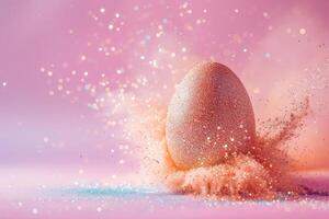 AI generated Enchanting Easter background with egg, glitter and copy space for text. Soft pastel colors. Motion, particles explosion. Perfect for holiday-themed designs, greeting cards. Generative AI. photo
