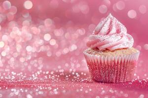 AI generated Pink background with elegant glittering cupcake, copy space. Women's Day. It's a girl backdrop with empty space. Baby shower or birthday invitation, party. Baby girl birth announcement. photo