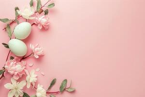 AI generated Pink Easter background with eggs, flowers and copy space for text. Soft, pastel colors. Tranquil and joyful scene. Perfect for holiday-themed designs, greeting cards. Generative AI. photo