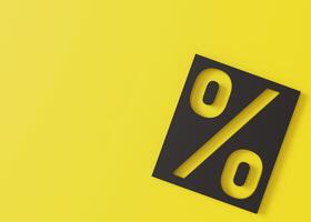 Bold percentage sign on a striking yellow background, ideal for advertising sales, promotions, Black Friday deals, and discounts in eye-catching marketing materials. Empty space for text. 3D. photo