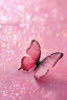 ai generado un delicado rosado mariposa con espumoso Brillantina en un soñador bokeh fondo, Perfecto para bebé anuncios, primavera temas, o encantador diseño elementos. Copiar espacio para texto. foto