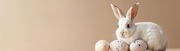AI generated Natural Easter background with eggs, bunny and copy space for text. Soft, beige color. Perfect for spring themes, Easter content, and minimalist design projects. Greeting card. Banner. photo