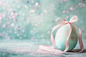 AI generated Enchanting Easter background with egg, ribbon, glitter and copy space for text. Soft pastel colors. Perfect for holiday-themed designs, greeting cards. Generative AI. photo