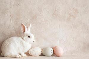 ai generado natural Pascua de Resurrección antecedentes con huevos, conejito y Copiar espacio para texto. suave, beige color. Perfecto para primavera temas, Pascua de Resurrección contenido, y minimalista diseño proyectos saludo tarjeta. foto