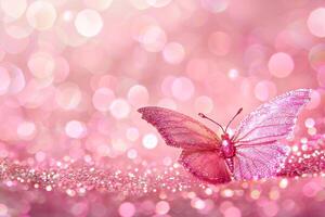 ai generado un delicado rosado mariposa con espumoso Brillantina en un soñador bokeh fondo, Perfecto para bebé anuncios, primavera temas, o encantador diseño elementos. Copiar espacio para texto foto