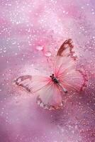 AI generated Pink background with glittering butterfly, copy space. Women's Day. It's a girl backdrop with empty space. Baby shower or birthday invitation, party. Baby girl birth announcement. photo
