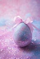 AI generated Enchanting Easter background with egg, ribbon, glitter and copy space for text. Soft pastel colors. Perfect for holiday-themed designs, greeting cards. Vertical format. Generative AI. photo