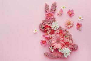 AI generated Pink Easter background with flowers, rabbit and copy space for text. Soft, pastel colors. Tranquil and joyful scene. Perfect for holiday-themed designs, greeting cards. Generative AI. photo