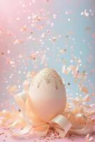 AI generated Enchanting Easter background with egg, ribbon, glitter and copy space for text. Soft pastel colors. Perfect for holiday-themed designs, greeting cards. Generative AI. photo