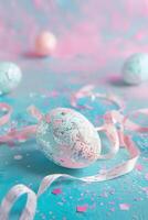 AI generated Artistically crafted Easter egg adorned with glitter and ribbon, against pastel backdrop, perfect for springtime holiday promotions, event decoration themes or seasonal craft showcases. photo