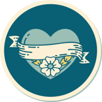 klistermärke av tatuering i traditionell stil av en hjärta och baner med blommor png