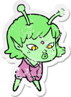 distressed sticker of a pretty cartoon alien girl png