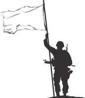 AI generated Silhouette Soldiers or Army pose in front of the white flag black color only vector