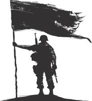 ai generado silueta soldados o Ejército actitud en frente de el negro bandera negro color solamente vector