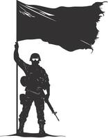 AI generated Silhouette Soldiers or Army pose in front of the black flag black color only vector