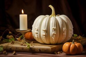 AI generated Aromatic Pumpkin white candle. Generate Ai photo