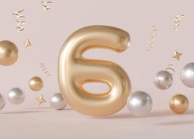 Golden number six with bubbles and confetti on beige background. Symbol 6. Invitation for a sixth birthday party, business anniversary, or any event celebrating sixth milestone. 3D render. photo