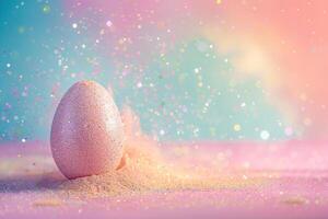 AI generated Sparkling Easter egg bursting with glitter against a dreamy pastel backdrop, ideal for festive Easter campaigns, greeting cards, or vibrant spring-themed designs. Empty space for text. photo