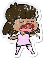 distressed sticker of a cartoon woman talking loudly png