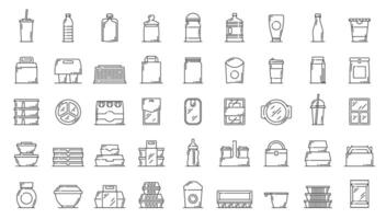 Plastic food containers, disposable packages icons vector