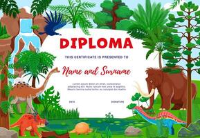 Kids diploma, cartoon dinosaurs or dino characters vector