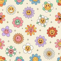 Retro hippie groovy daisy happy flowers pattern vector