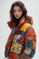 AI generated Naive Puppies Pattern Quilted Down Jacket Front-View photo