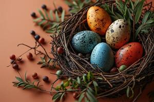 AI generated Nest with colorful Easter eggs and spring flowers on a peach colored background photo