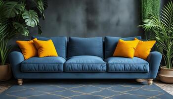 ai generado elegante hogar interior azul sofá y brillante amarillo almohadas foto