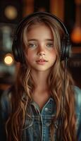 ai generado niña vistiendo auriculares en música colegio lección foto