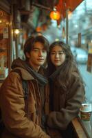 ai generado coreano Pareja en su 20s es teniendo un conversacion a un café foto