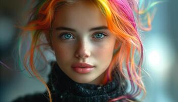 AI generated Colorful Creativity Dynamic Illustration of Character with Multicolored Hair photo