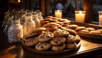 ai generado un decadente hecho en casa chocolate chip Galleta en un rústico de madera mesa generado por ai foto