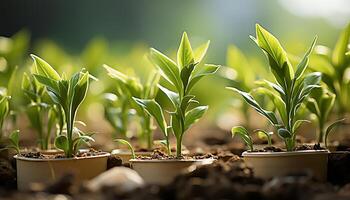 ai generado nuevo vida comienza en el pequeño planta de semillero, rodeado por verde generado por ai foto