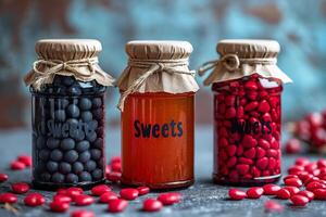 ai generado botellas con texto dulces con golosinas adentro, san valentin día tema foto