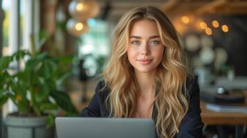 AI generated Young woman in a black business suit with a gray laptop, in the office sits at an additional table on which there is a houseplant. Modern office in light colours photo