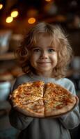 ai generado retrato de niño deleitando en pizzería Pizza foto