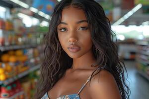 AI generated beautiful African American woman with long hair wearing a dress in a grocery store in America, 2020s photo