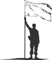 AI generated Silhouette Soldiers or Army pose in front of the white flag black color only vector