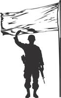 AI generated Silhouette Soldiers or Army pose in front of the white flag black color only vector