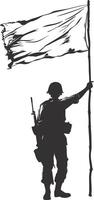 AI generated Silhouette Soldiers or Army pose in front of the white flag black color only vector