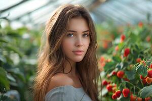 AI generated Young woman with long hair in a greenhouse with strawberries photo