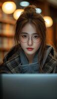 AI generated Library Learning Female Student Studying with Laptop photo